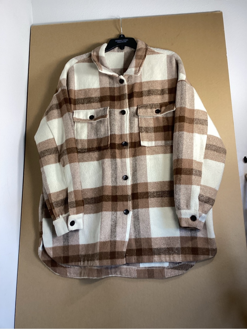 Western Plaid Utility Shacket Jacket - Cream & Brown sz L - Picture 2 of 8